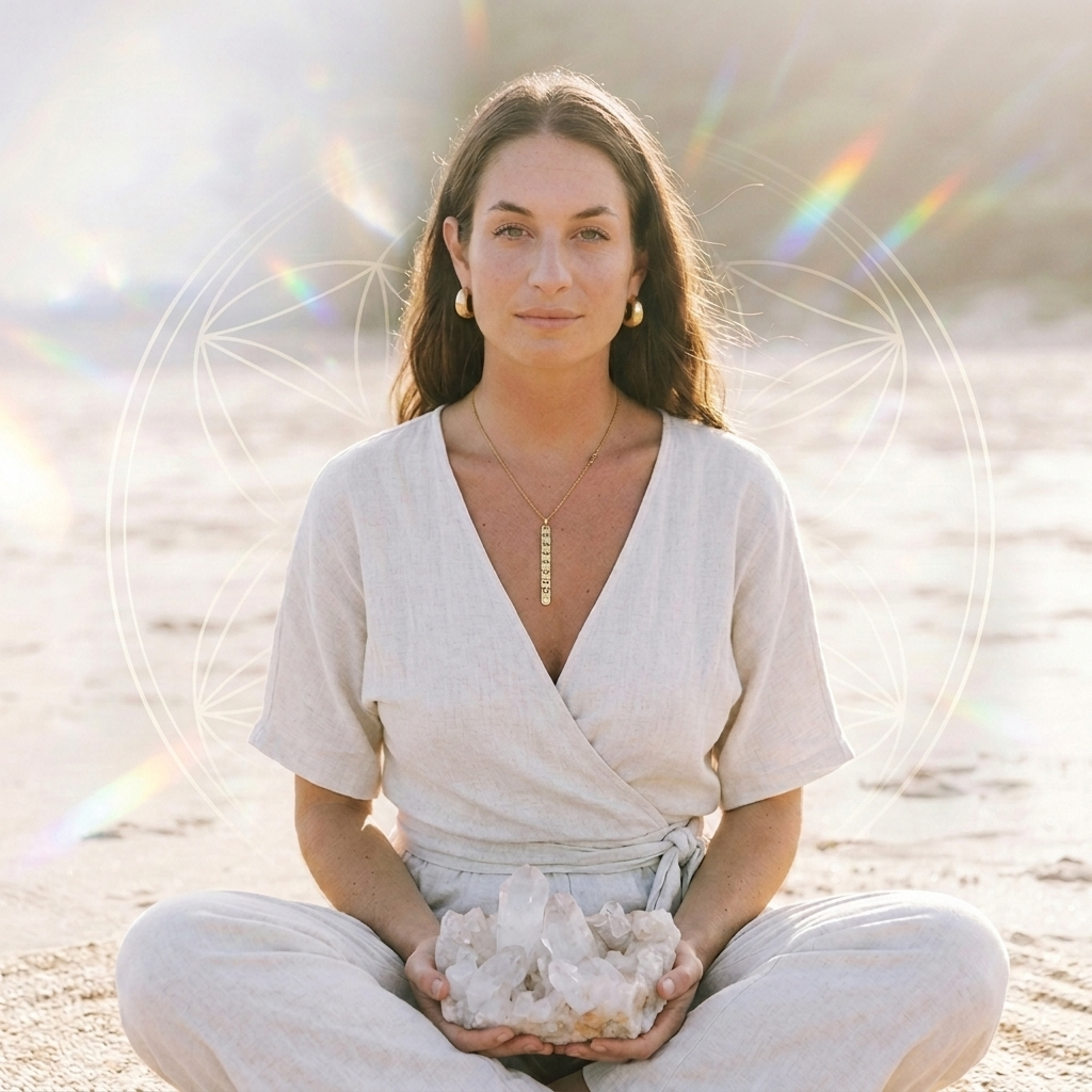 Summer, psychic energetic channel and New Paradigm leader, seated with crystals on a sunlit beach