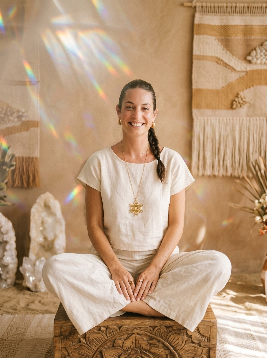 Summer seated in meditation surrounded by crystals and rainbow light